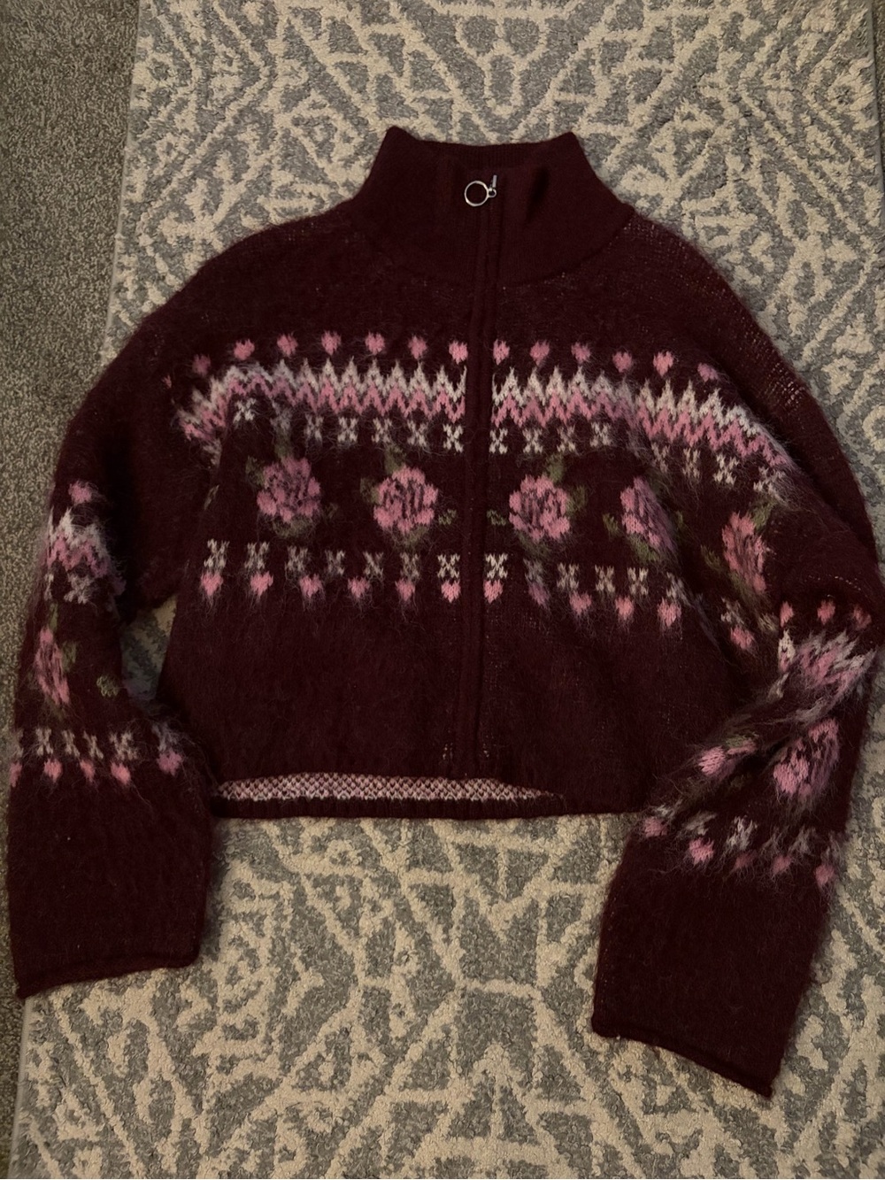 Women's Burgundy Zip-Up Fair Isle Sweater with Pink Accents